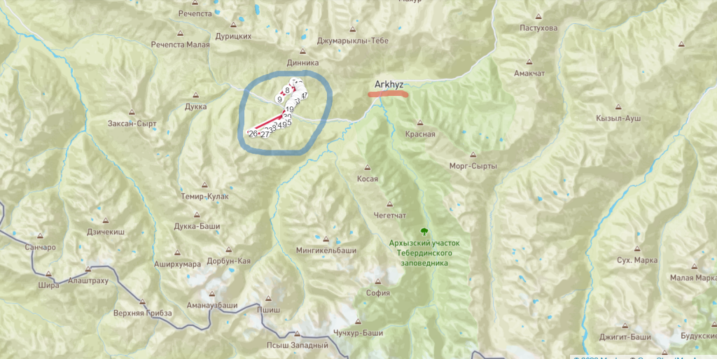 Карта Архыза с указанием гонолыжки