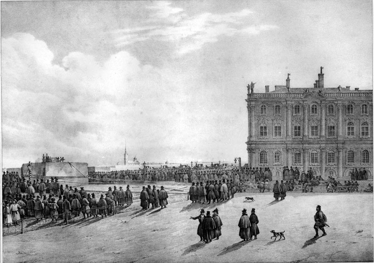 Передвижение блока для постамента Александровской колонны от набережной
